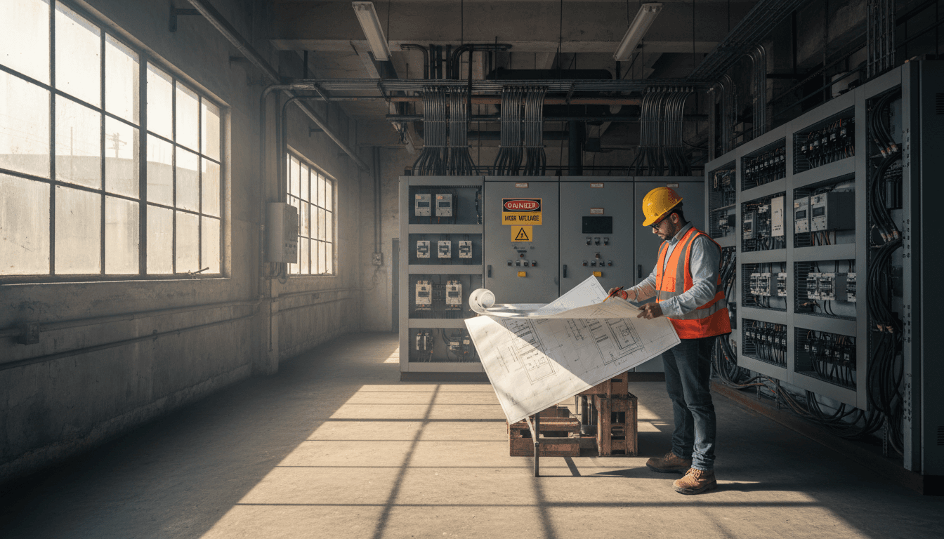 Electrical engineer reviewing blueprints beside an industrial electrical panel