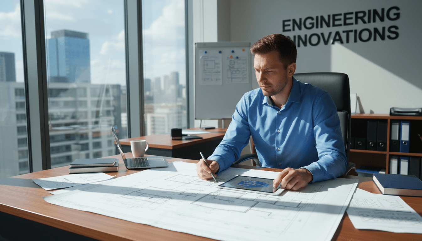 Engineer reviewing electrical blueprints and schematics at desk in professional office with natural light
