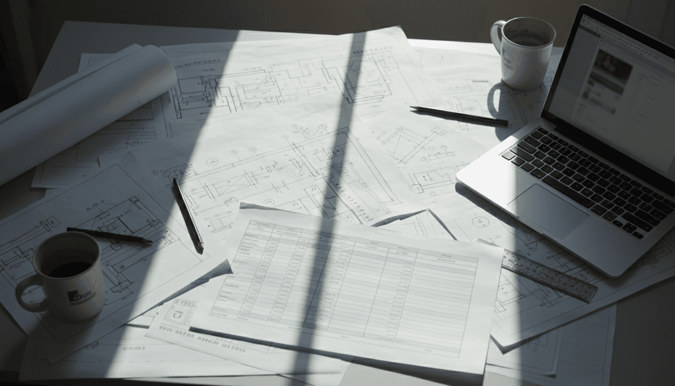 Engineer with technical drawings and calculation sheets on a desk