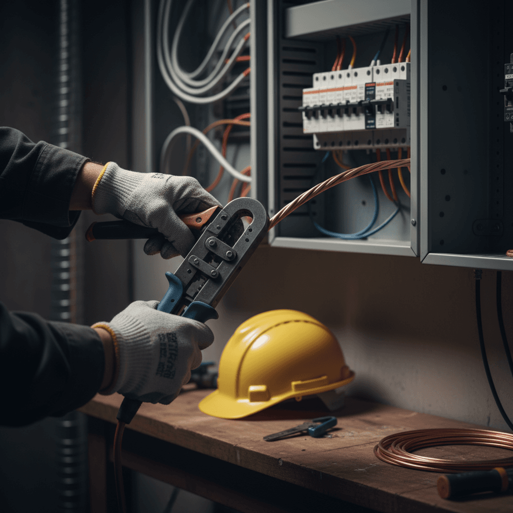 Electrician wiring a metal electrical panel