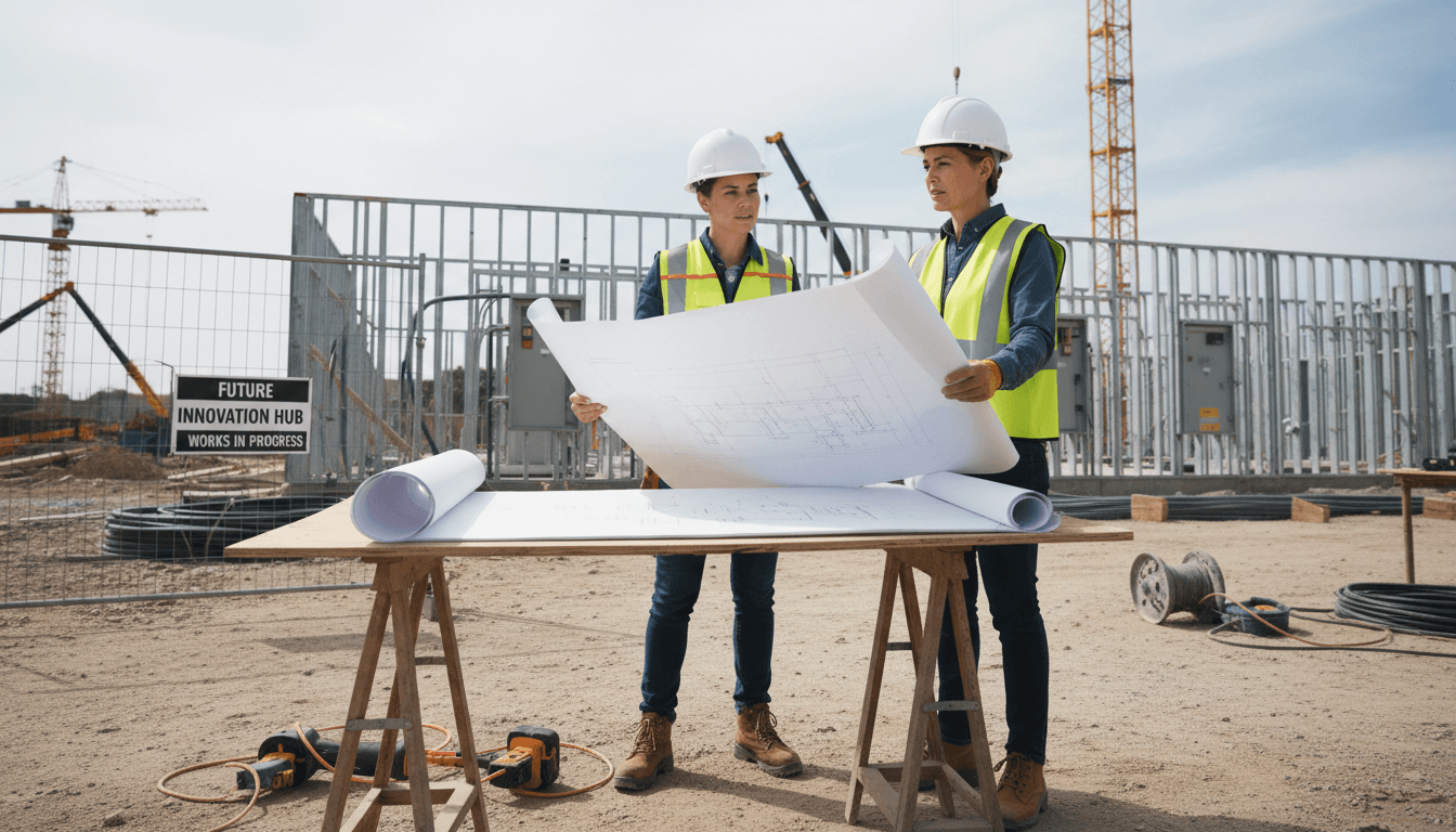 Senior electrical engineer reviewing blueprints at a construction site