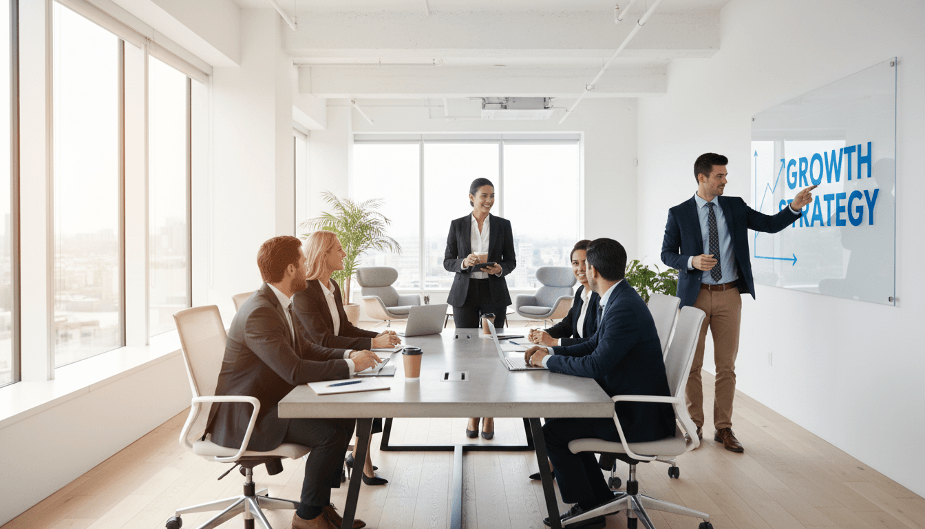 Business team collaborating in modern office with natural light.