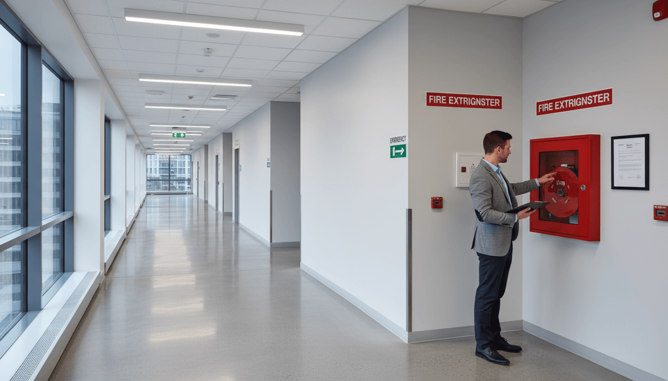 Fire safety consultant inspecting corridor, checking fire extinguisher and emergency equipment placement in modern office building