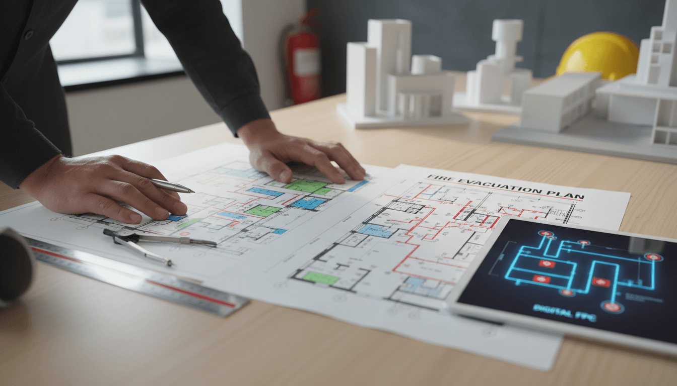 Engineer's hands reviewing fire safety blueprints and technical drawings at desk with tablet and measurement tools