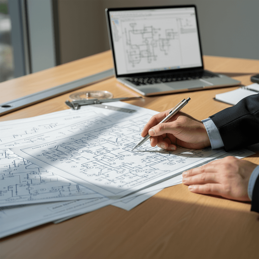 Hand sketching an electrical schematic on a blueprint, tools nearby.