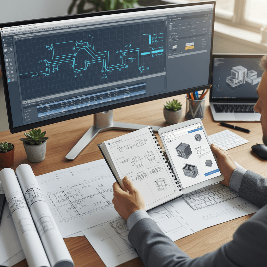 Engineer's hands reviewing circuit diagrams on tablet at desk with multiple monitors displaying electrical design software
