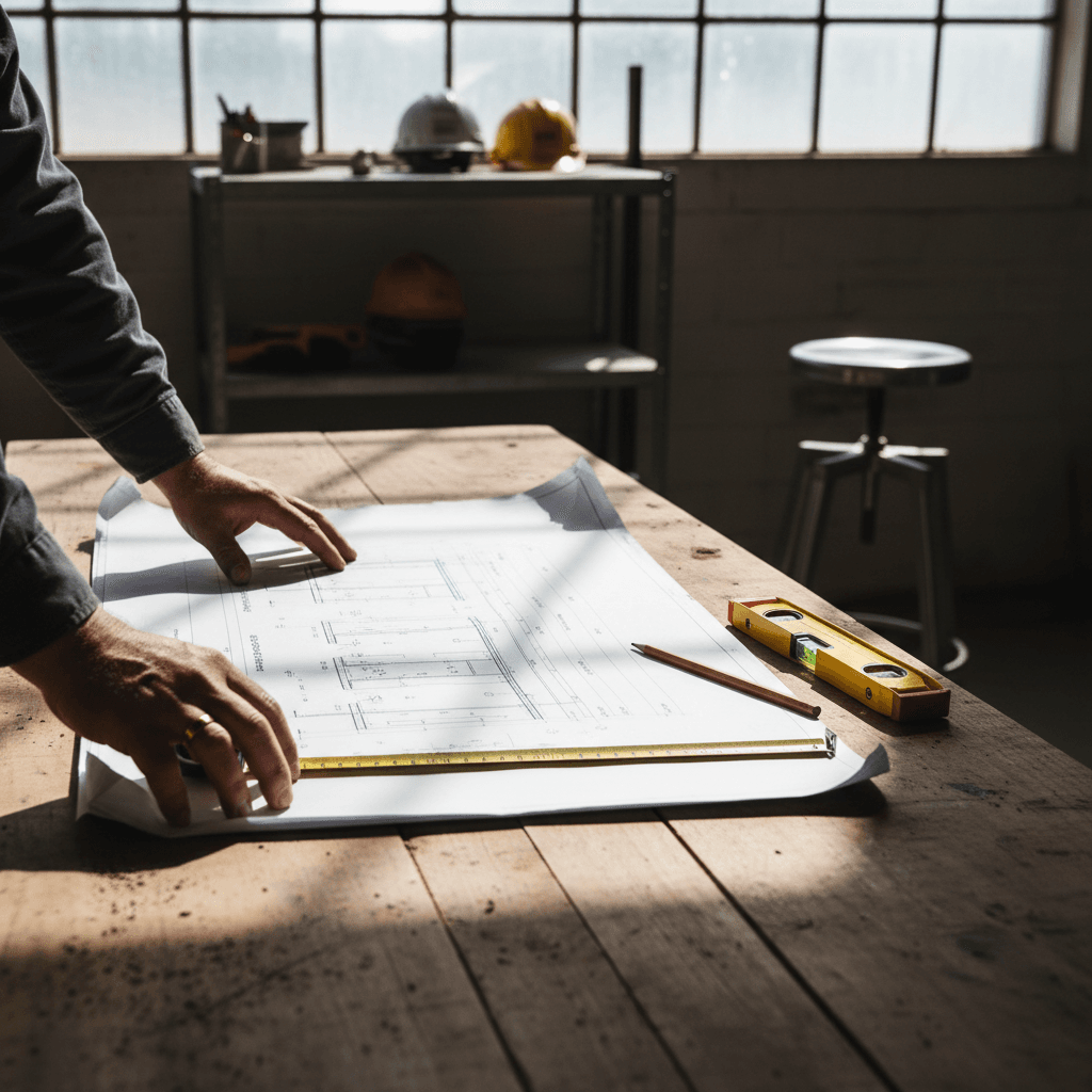 Engineer reviewing blueprint