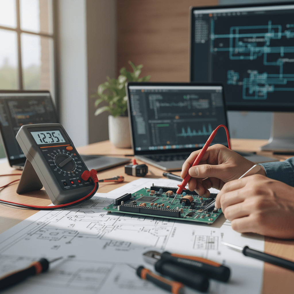 Engineer's hands holding multimeter probe on circuit board with technical schematics and documentation nearby