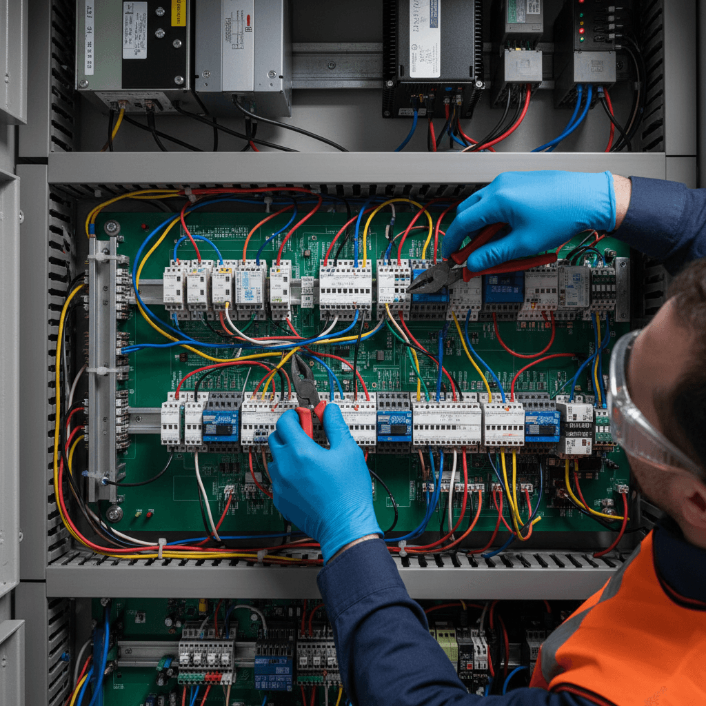 Hands connecting wires in an electrical panel