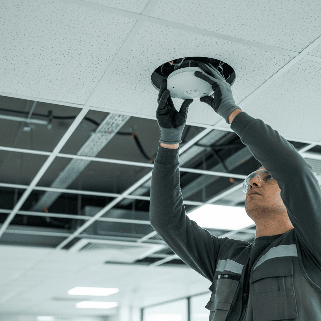 Technician installing ceiling-mounted fire detection sensor in commercial building interior