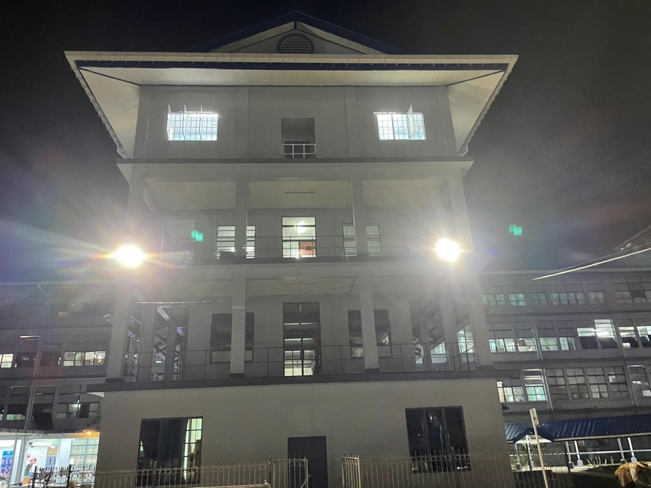 Exterior building lighting at night
