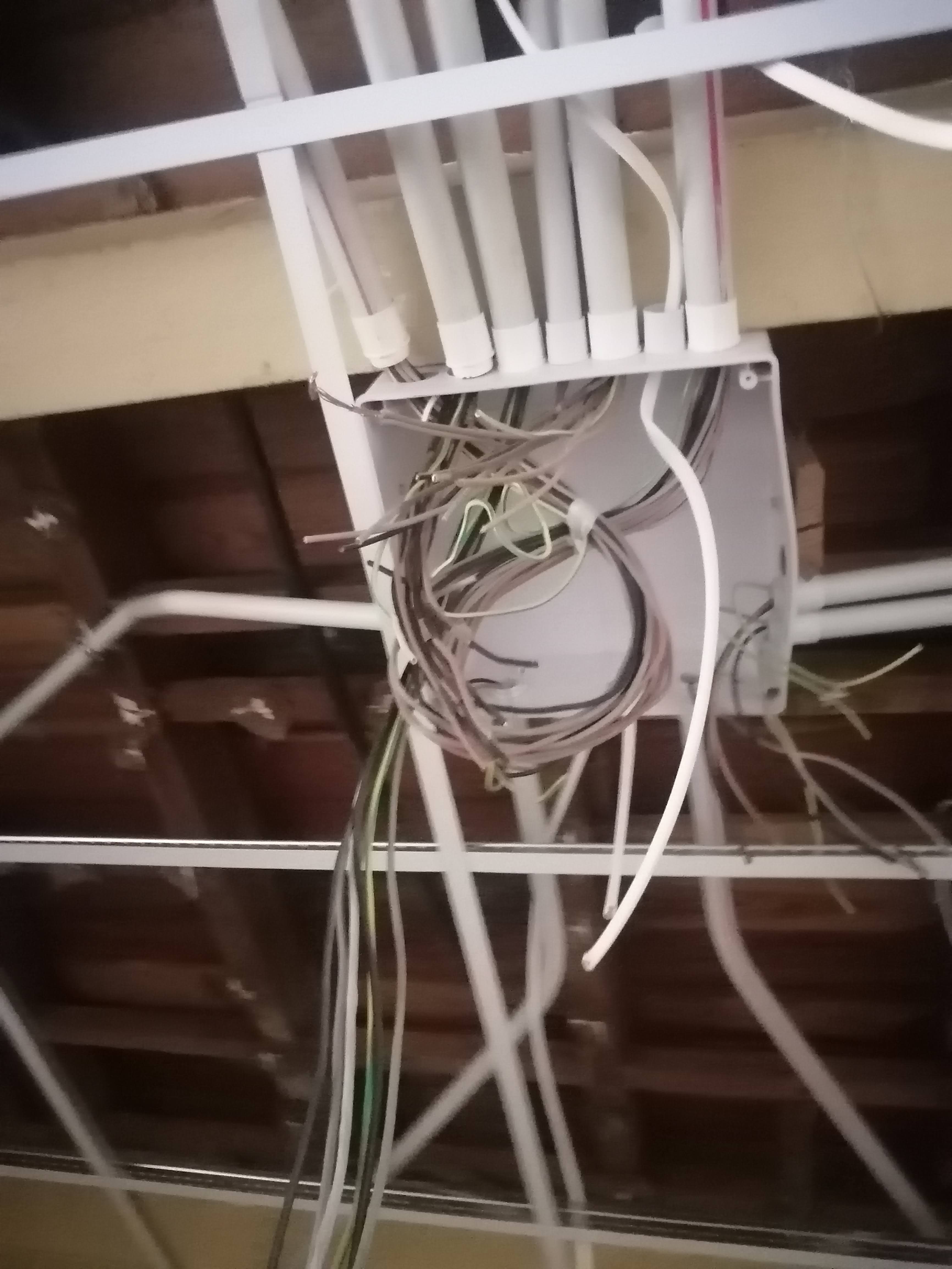 Open white electrical junction box with multiple conduits and a tangled mess of exposed wires.